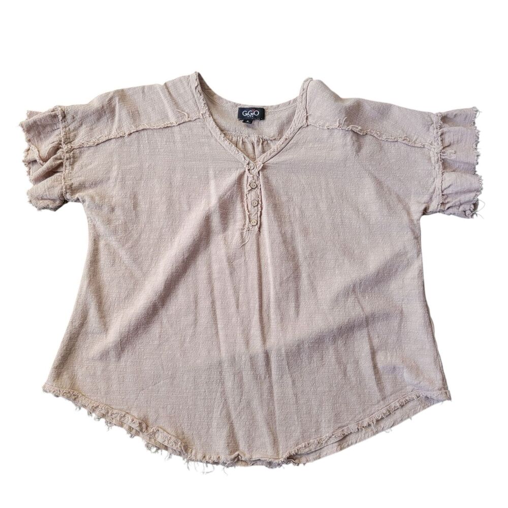 Oversized Cotton Blouse Women's Size Small Tan V-Neck Raw Hem